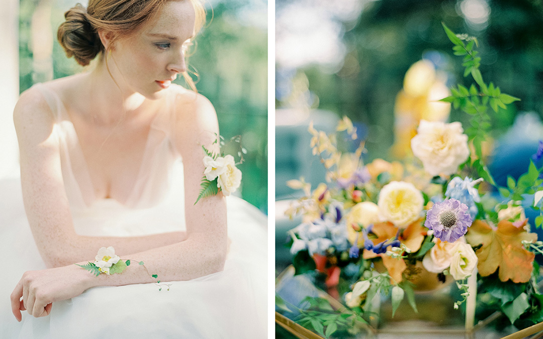 Bride with bridal flower arrangements for a summer English garden wedding