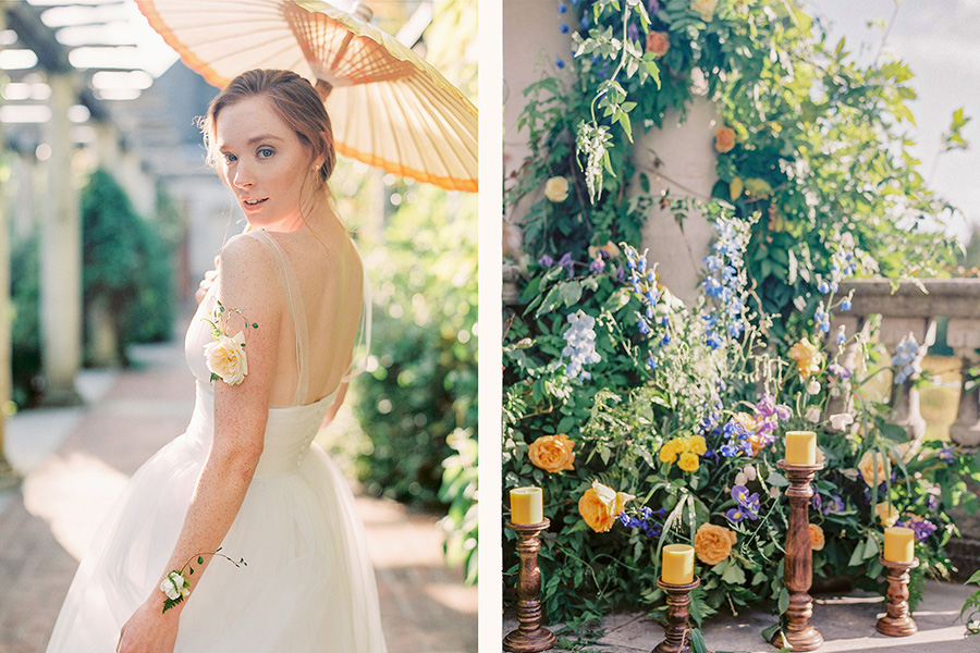 Stylish bride and abundant flowers, for a naturally elegant wedding ceremony with distinctive details.